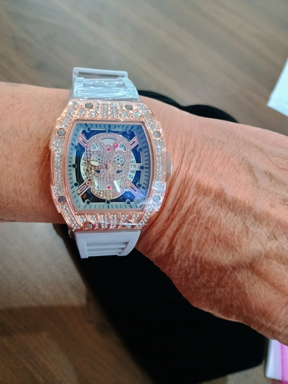 Gray Strap Rose Gold Skull Dial Men's Watch